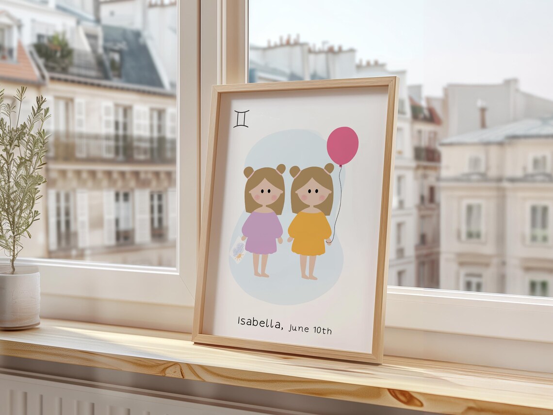 Gemini Zodiac Twin Girls Balloon Cute Horoscope Baby Nursery Poster - Image 3