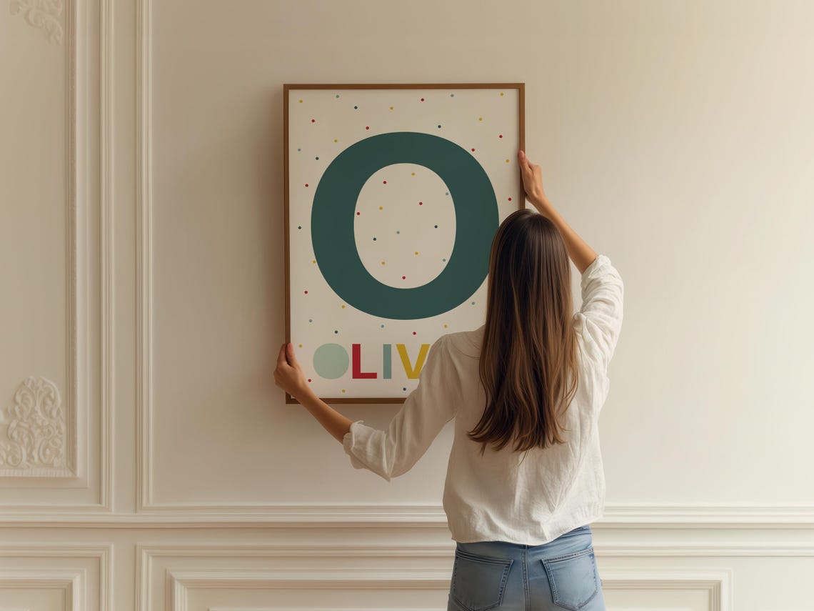 Oliver Personalized Boy Name Letter Teal Confetti Dots Nursery Poster - Image 2