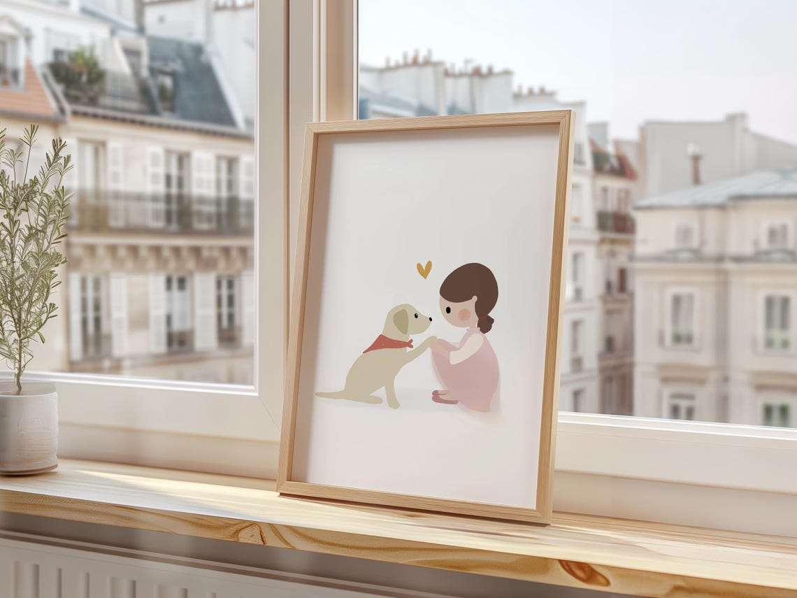 Little Girl And Her Dog Art Print Girl And Dog Illustration Golden Retriever Art Nursery Dog Nursery Wall Art Puppy Nursery Decor - Image 3