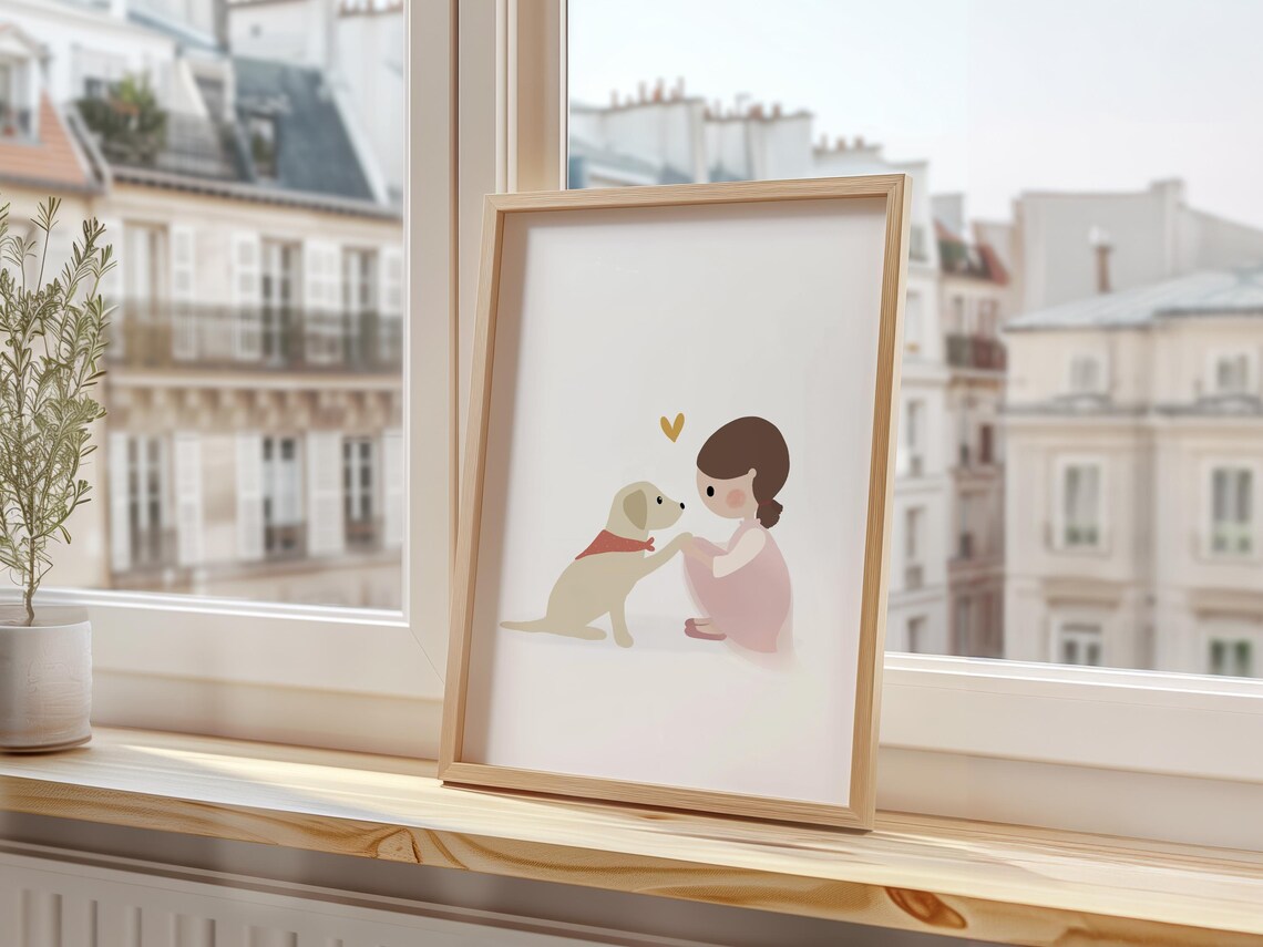 Little Girl and Puppy High Five Heart Golden Nursery Puppy Love Poster - Image 3