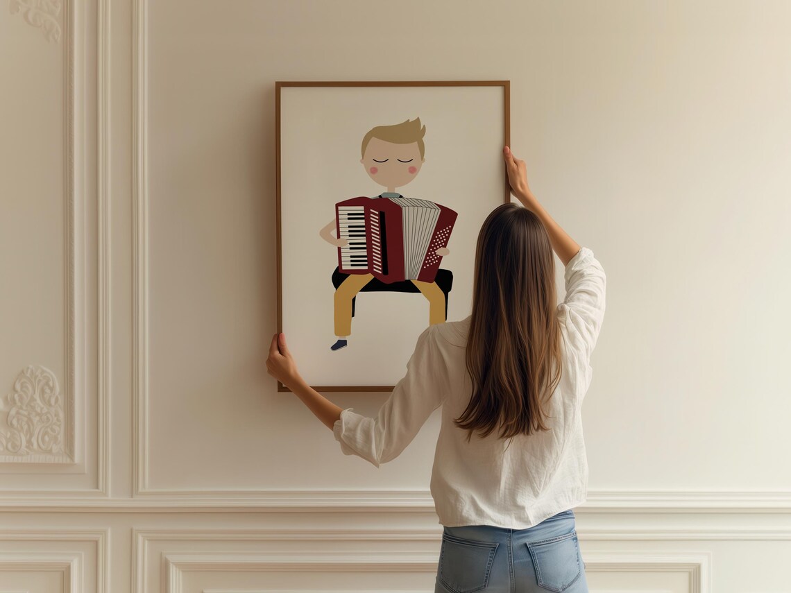 Boy Playing Red Piano Accordion Kids Music Instrument Illustration Poster - Image 2