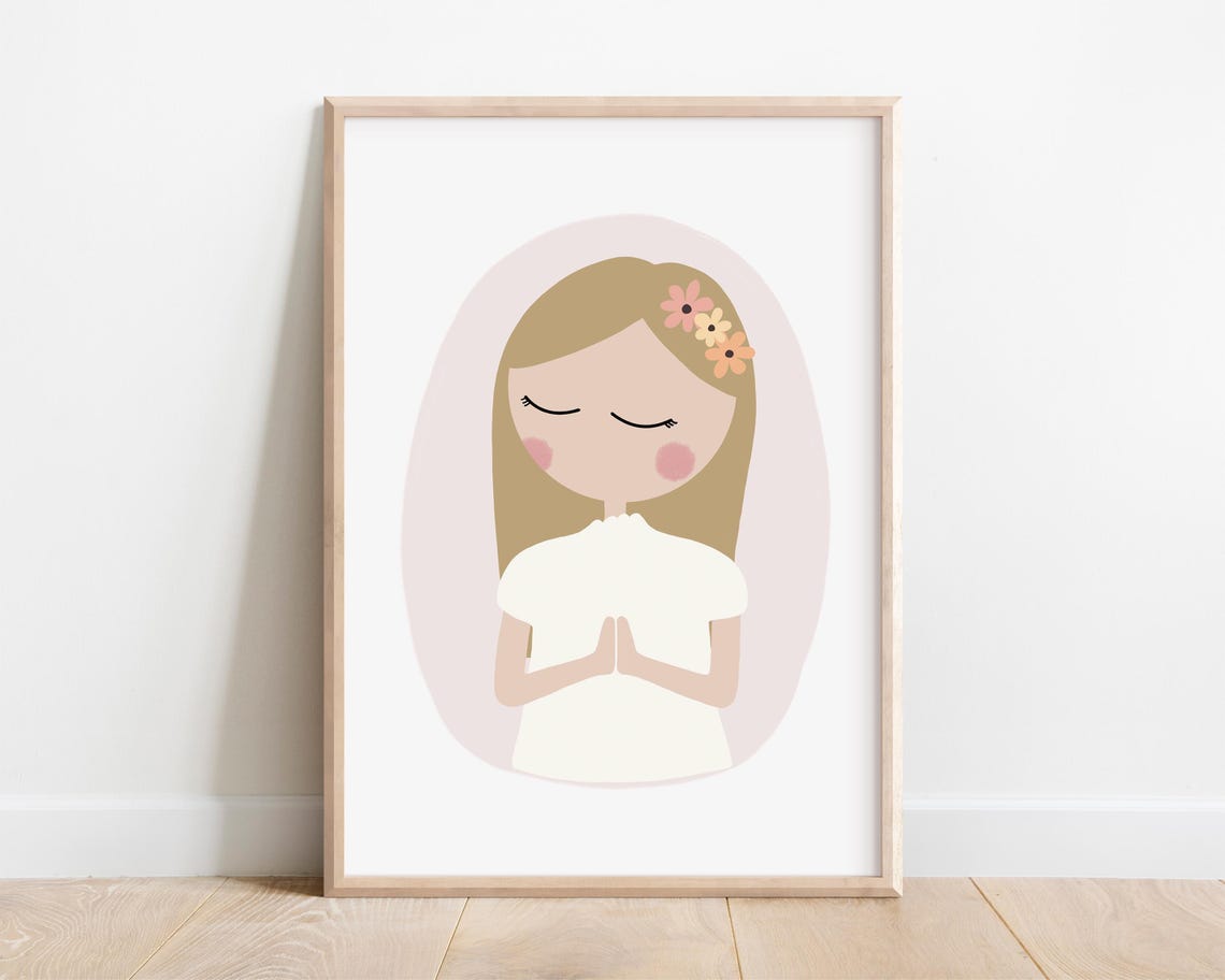 Praying Girl with Flower Crown White Dress First Communion Art Poster