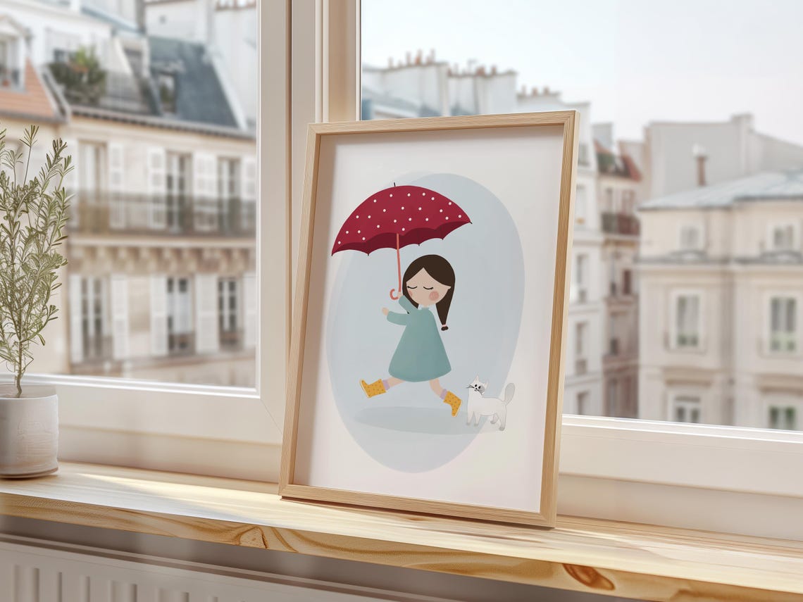 Girl With Umbrella Art Print Girl And Cat Art Print Playroom Prints Girl Colourful Nursery Poster - Image 3