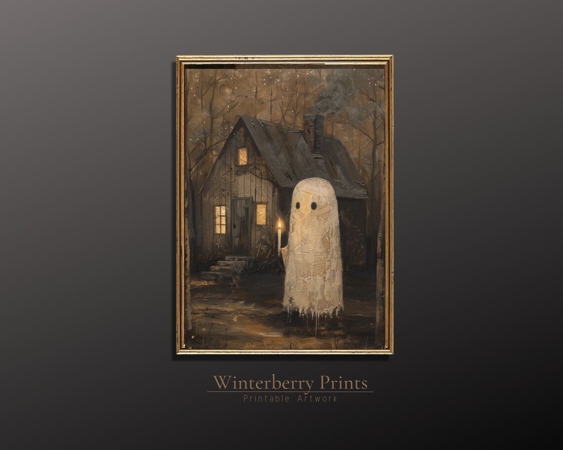 Cute Ghost with Candle Before Haunted Cabin Night Halloween Painting Art Print