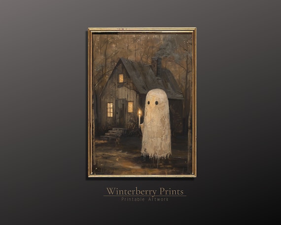 Cute Ghost with Candle Before Haunted Cabin Night Halloween Painting Art Print