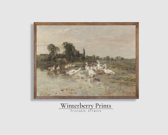 Vintage Geese at Farm Pond Oil Painting Rustic Countryside Wall Art Print