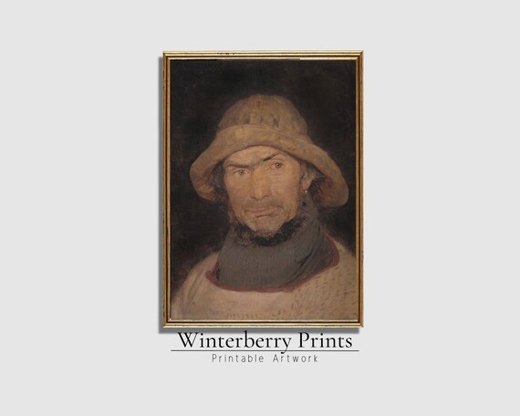 Antique Fisherman Portrait Oilskin Hat Dark Vintage Nautical Wall Art Print