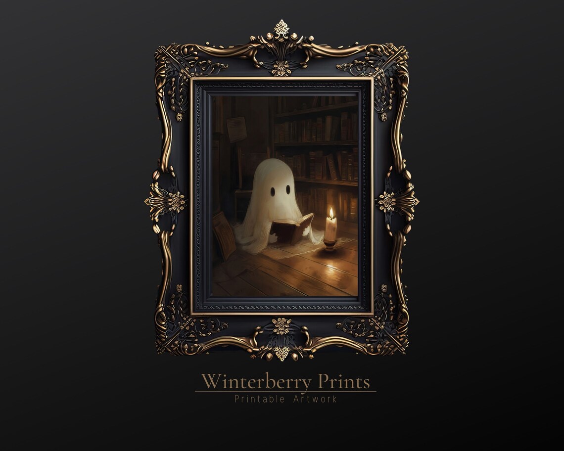 Ghost Reading Book Candlelight Library Dark Academia Halloween Art Print