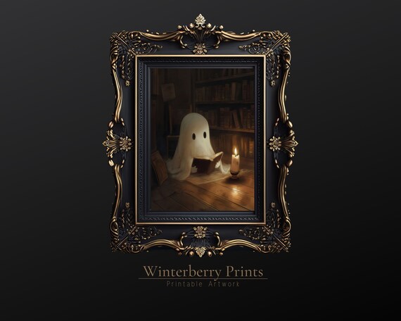 Ghost Reading Book Candlelight Library Dark Academia Halloween Art Print