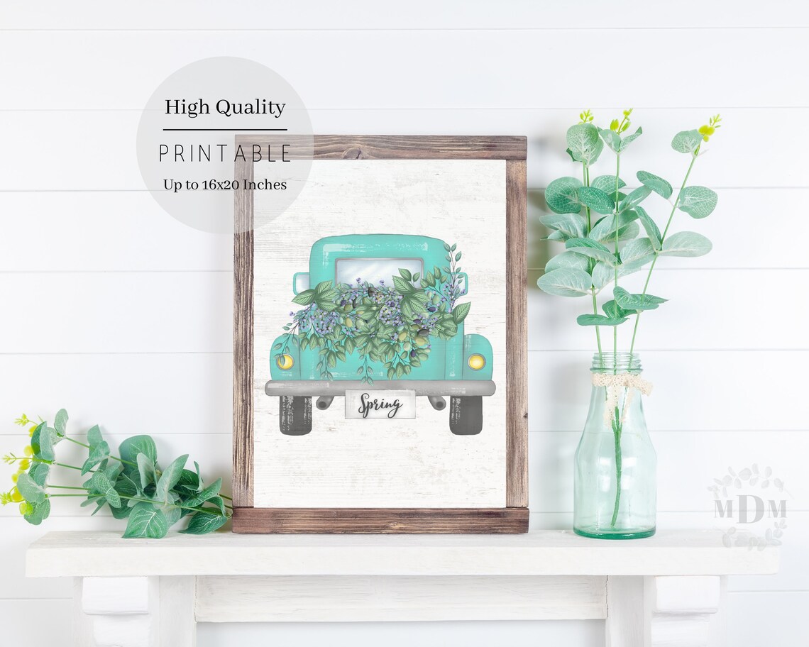 Vintage Turquoise Truck Front Spring Flowers Greenery Farmhouse Art Poster - Image 4