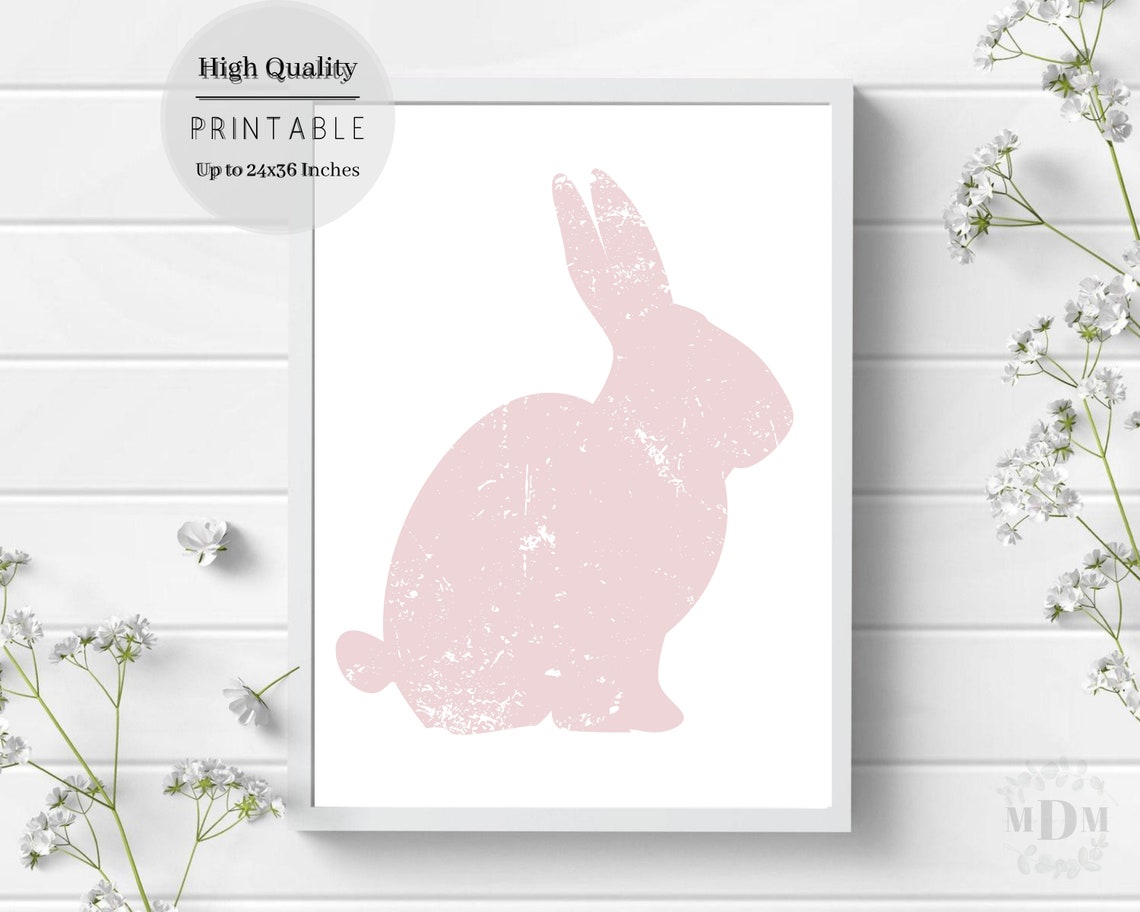 Soft Pink Bunny Silhouette Distressed White Framed Easter Art Poster - Image 4