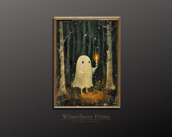 Cute Ghost with Candle Dark Green Forest Magical Halloween Painting Art Poster