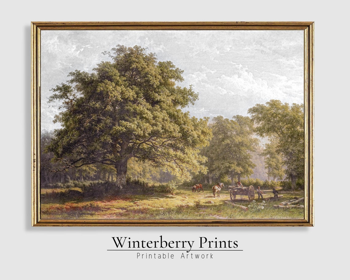 Majestic Oak Forest Clearing Horse Cart Vintage Landscape Poster