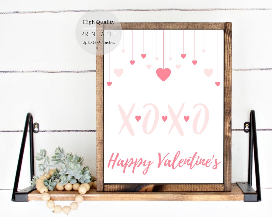 Happy Valentines XOXO Pink Script Hanging Hearts Sweet Greeting Poster - Image 3