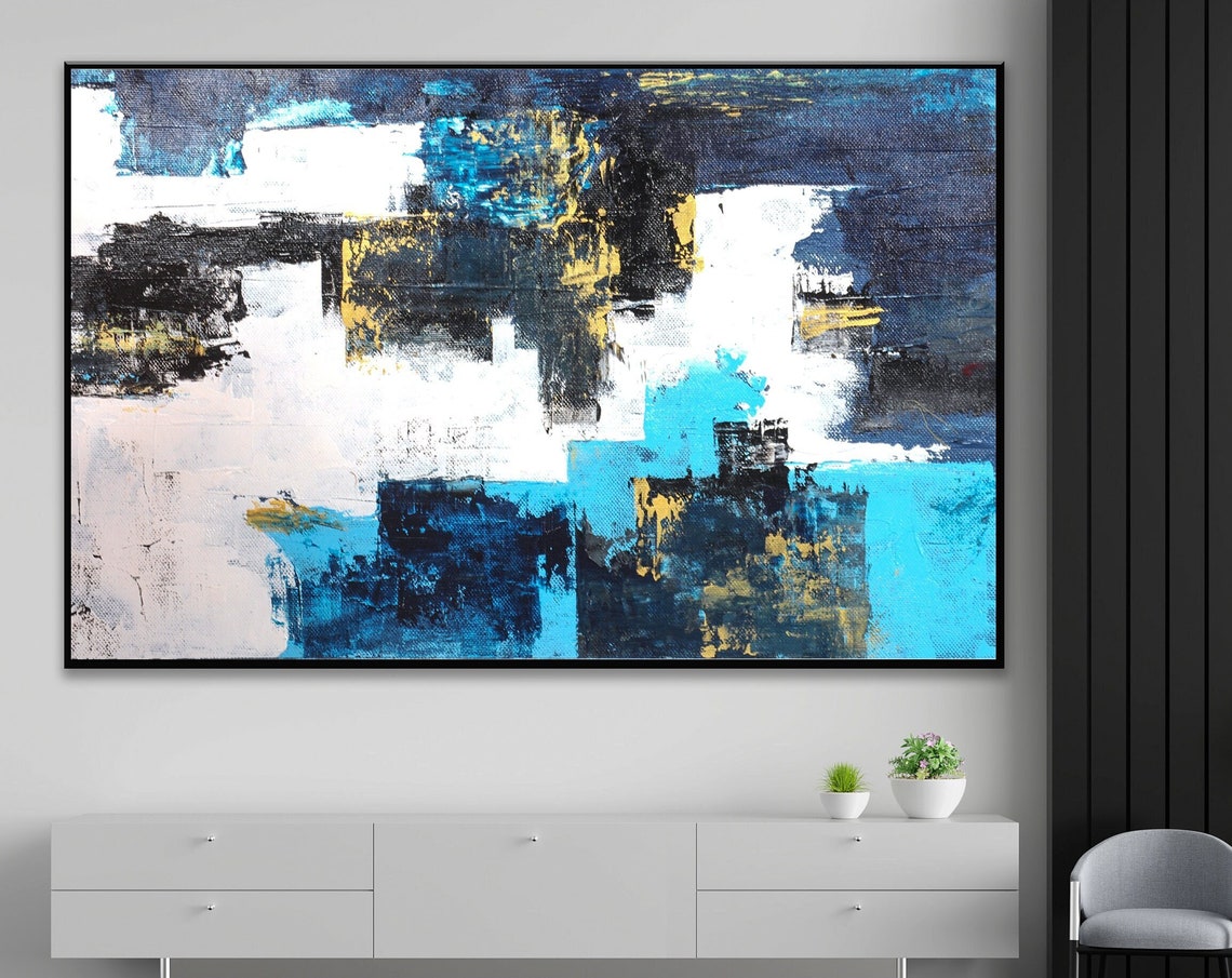 Navy Blue White Turquoise Block Textured Abstract Square Poster - Image 4