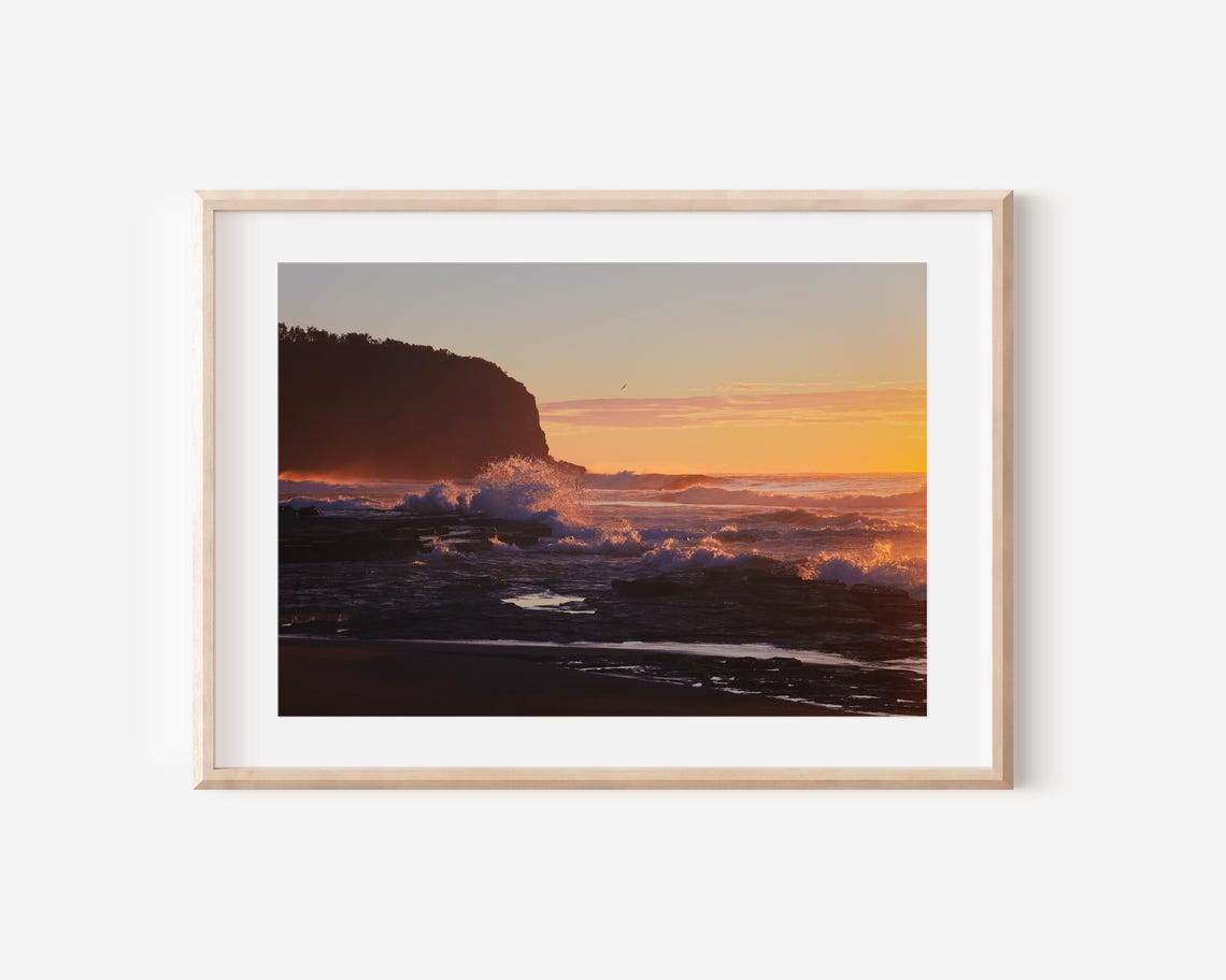 Sunrise Over Ocean Rocks Golden Waves Seascape Photography Poster