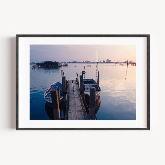 Sunset Landscape Photography Print Two Vintage Fishing Boats Industrial Dock Wall Art