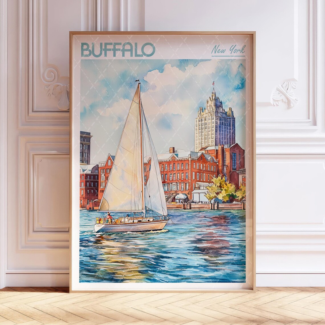 Buffalo New York Harbor Sailboat Watercolor Travel Poster Art