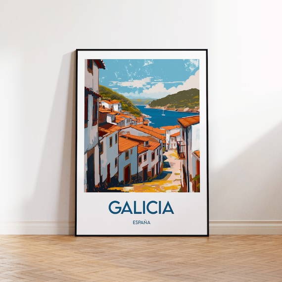 Galicia Spain White Coastal Village Street Bay Vintage Travel Poster