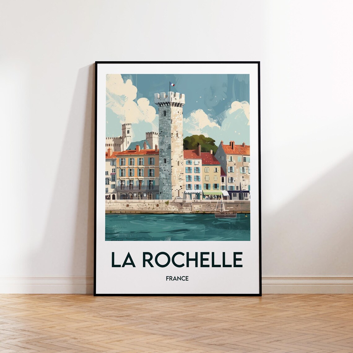 La Rochelle France Old Harbor Stone Tower Vintage Travel Poster