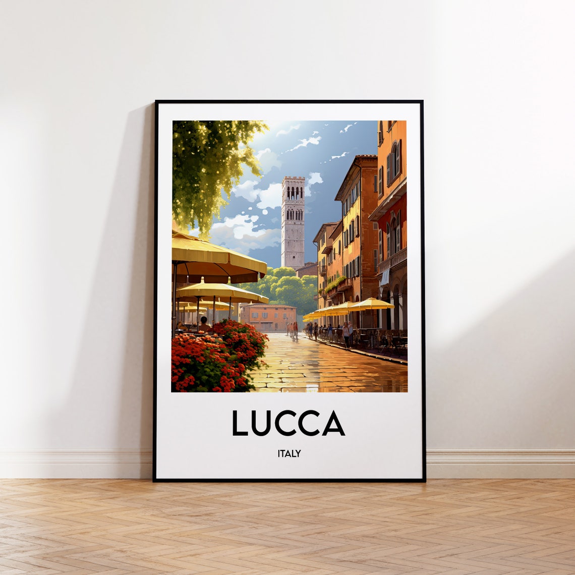 Lucca Italy Sunlit Piazza Tower Umbrellas Vintage Travel Poster