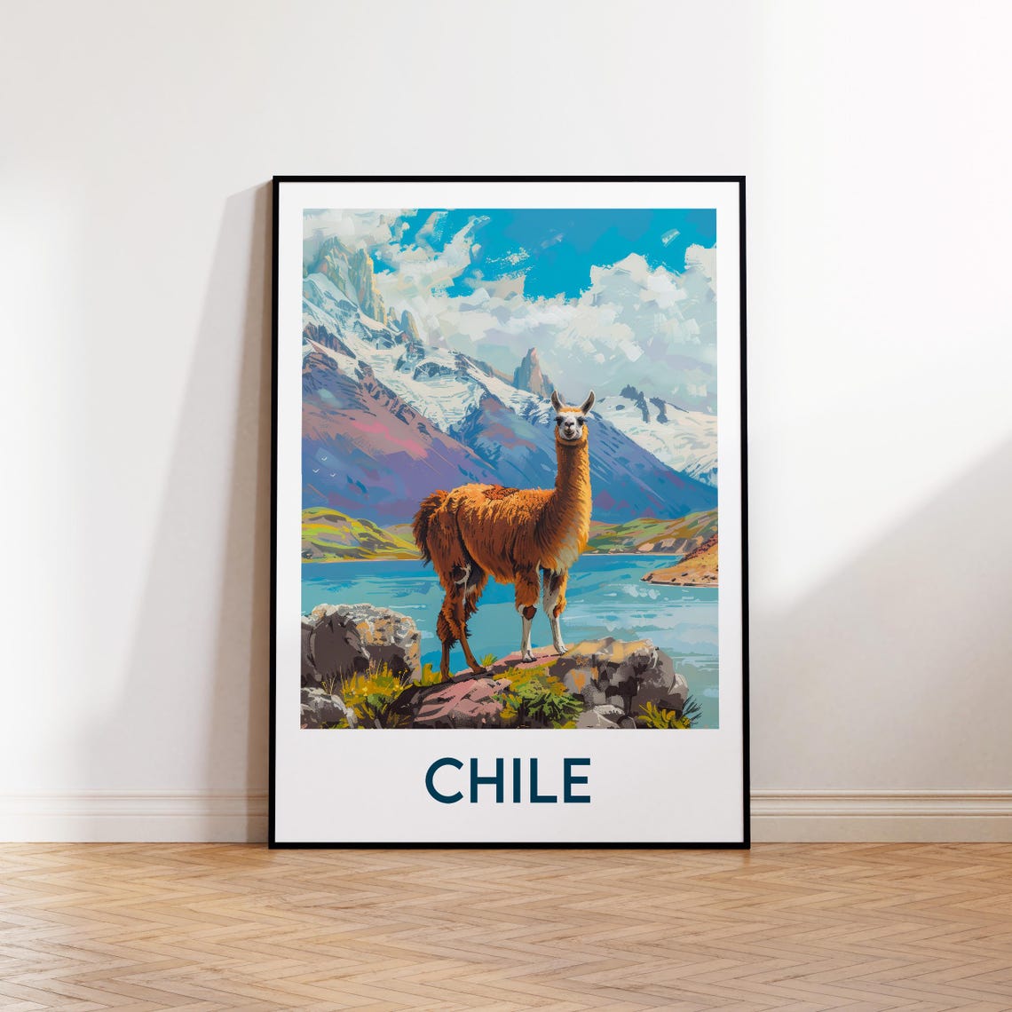 Chile Poster Of A Llama By A Lake With Snow Capped Mountains