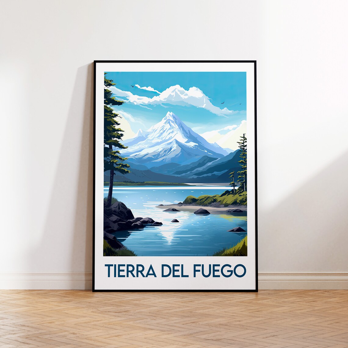 Tierra del Fuego Snow Peak Lake Pine Forest Vintage Travel Poster