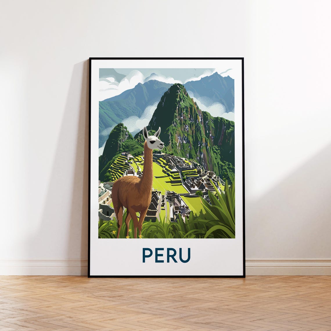 Peru Machu Picchu Llama Andes Mountains Vintage Travel Poster