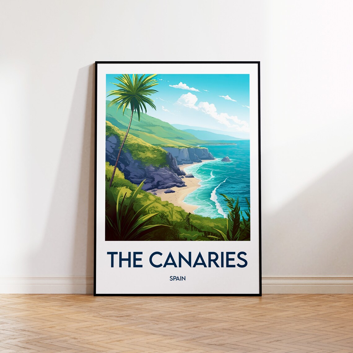 The Canaries Spain Palm Cliffs Turquoise Beach Travel Poster