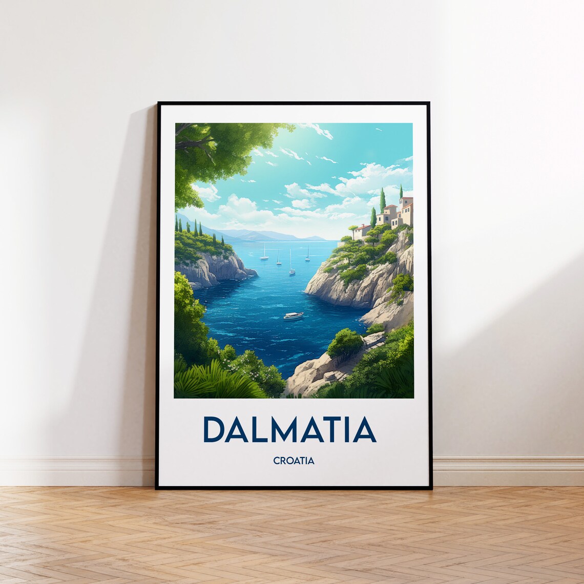 Dalmatia Croatia Adriatic Cove Sailboats Cliffs Vintage Travel Poster