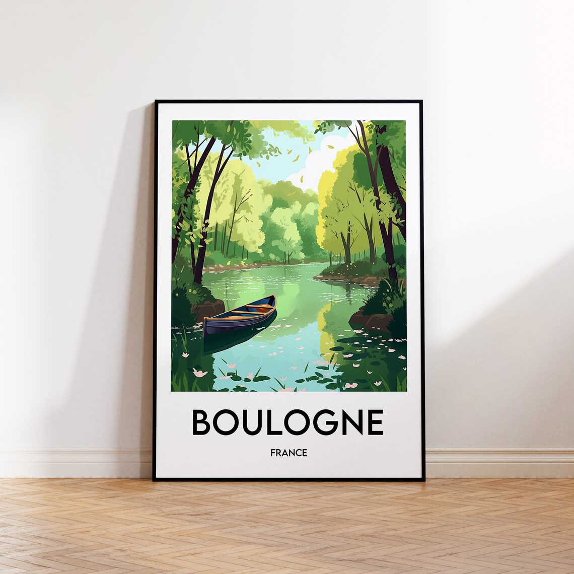 Boulogne France Vintage Travel Poster with Canoe on Green River