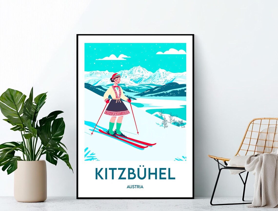 Kitzbuhel Austria Vintage Ski Resort Travel Poster Woman Folk Dress Red Skis