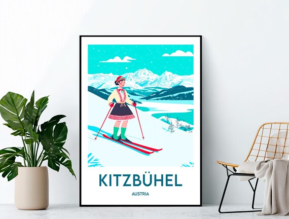 Kitzbuhel Austria Vintage Ski Resort Travel Poster Woman Folk Dress Red Skis