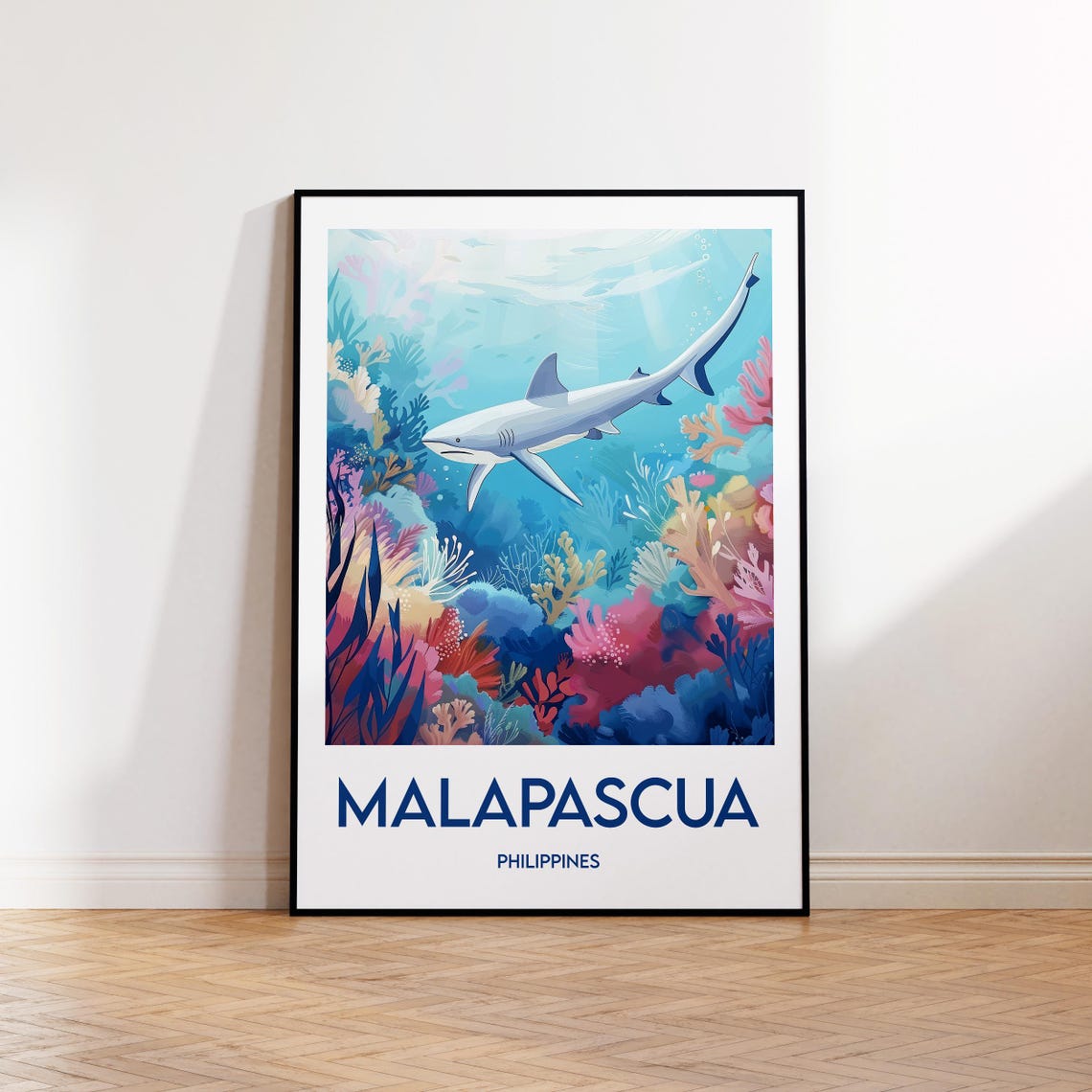 Malapascua Philippines Thresher Shark Over Coral Reef Travel Poster
