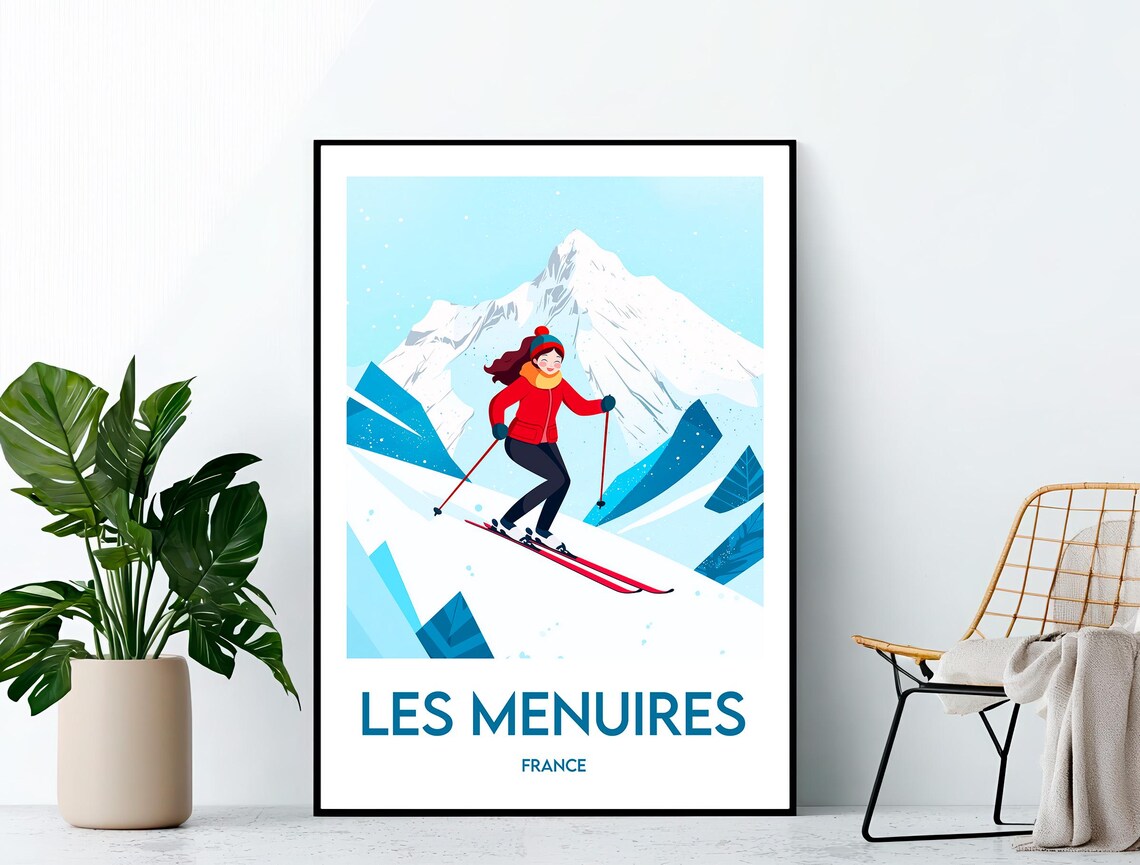 Les Menuires France Vintage Ski Resort Poster with Female Skier Red Jacket