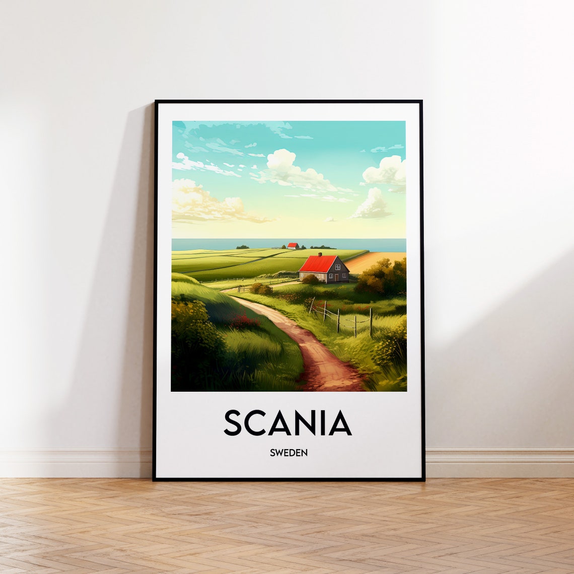 Scania Sweden Red Cottage Green Rolling Fields Travel Art Poster