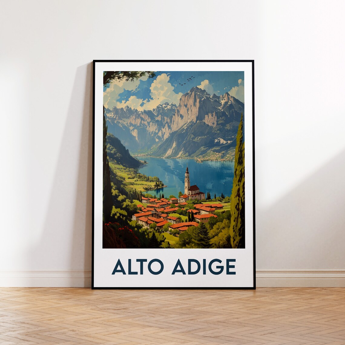 Alto Adige Italy Scenic Mountain Lake Village Vintage Travel Poster