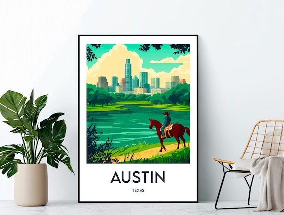 Austin Texas Vintage Travel Poster With Cowboy Rider And Skyline