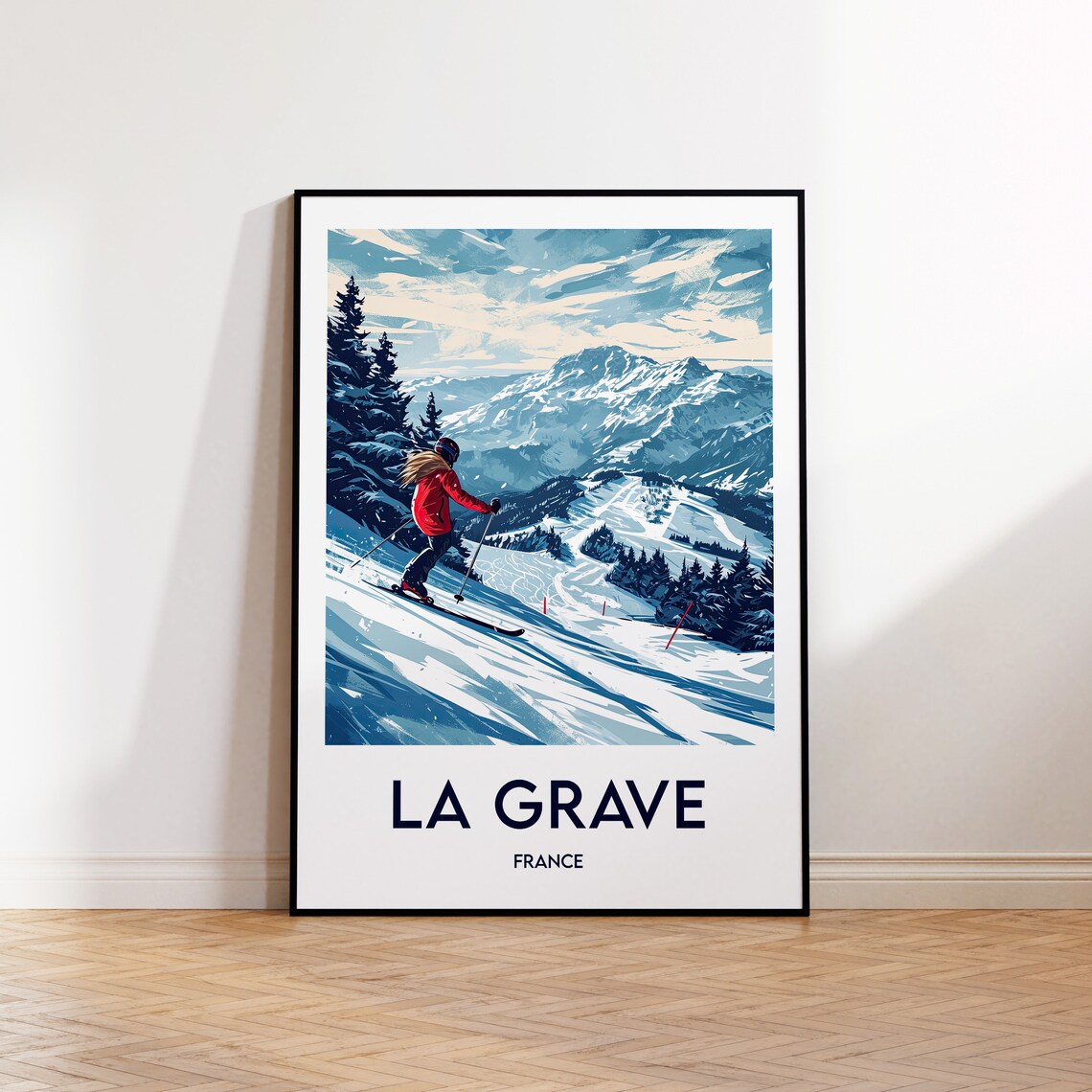 La Grave France Vintage Travel Poster Red Jacket Skier Alpine Slopes