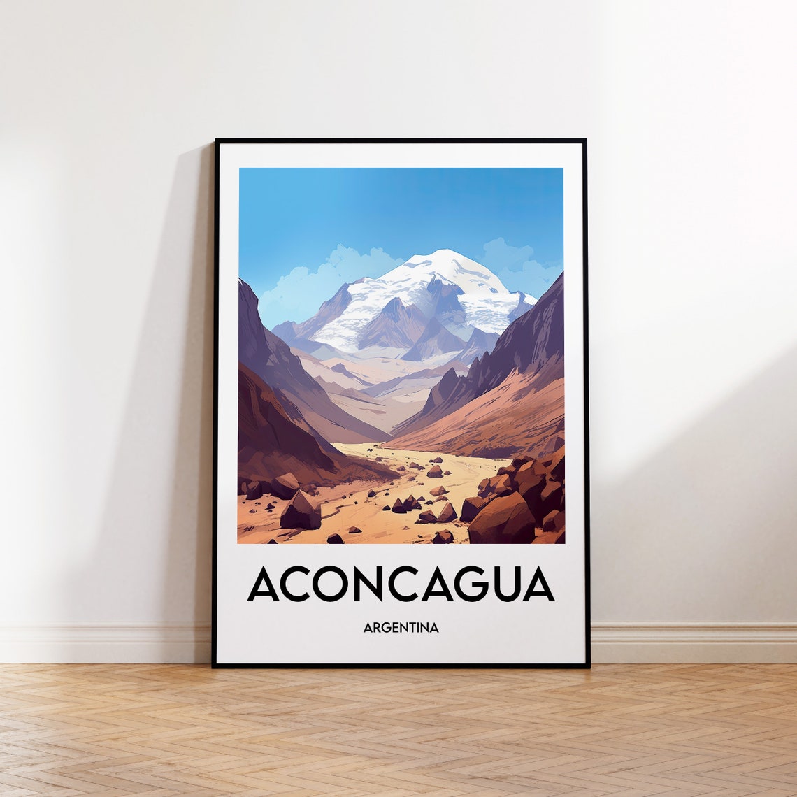 Aconcagua Argentina Mountain Travel Poster with Snowy Andes Peak