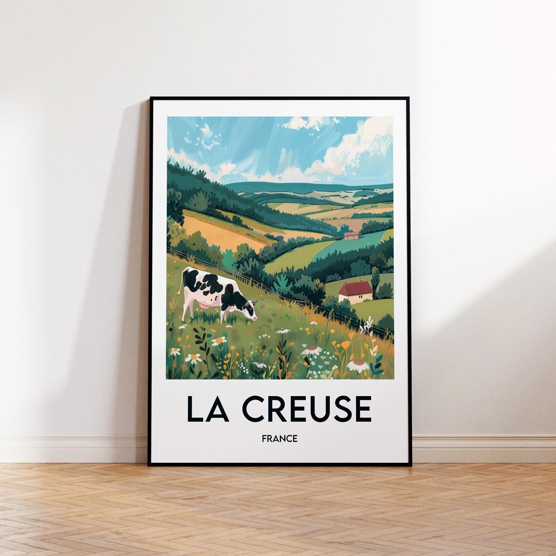 La Creuse France Cow Grazing in Rolling Green Meadow Travel Poster