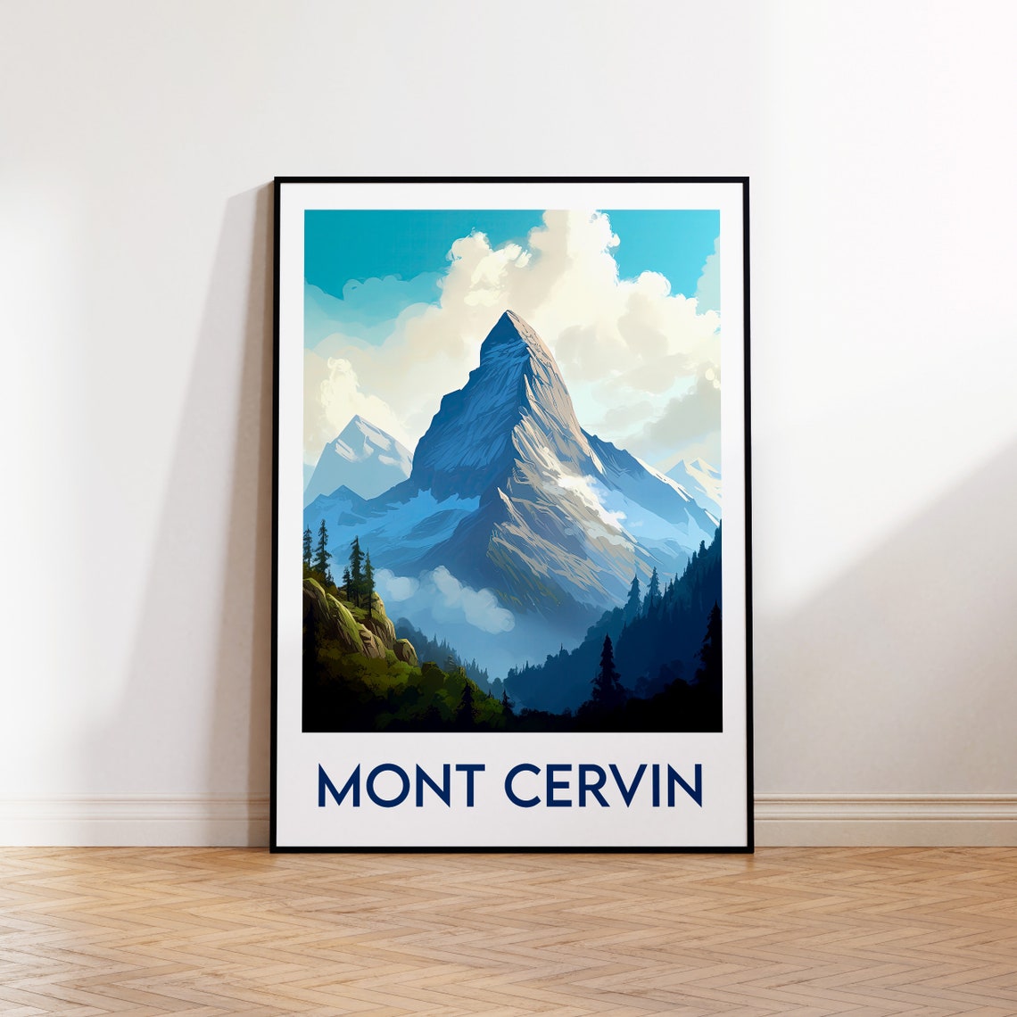 Mont Cervin Alpine Summit Peak Above Clouds Illustration Travel Poster