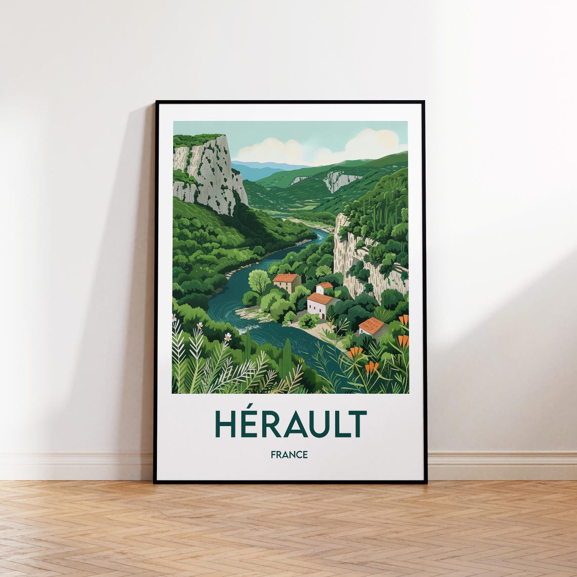 Herault France Vintage Travel Poster River Gorge Village Cliffs