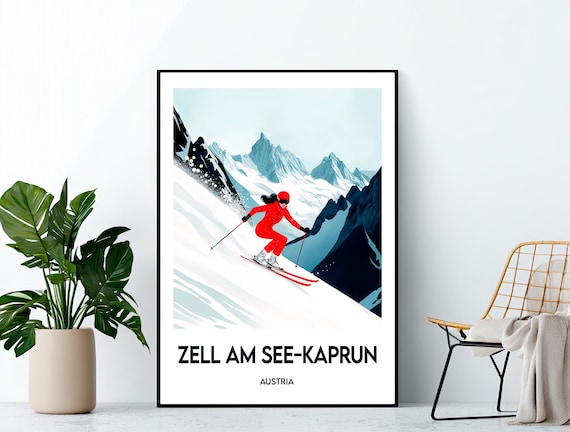 Zell am See Kaprun Austria Vintage Ski Resort Travel Poster Red Skier Action