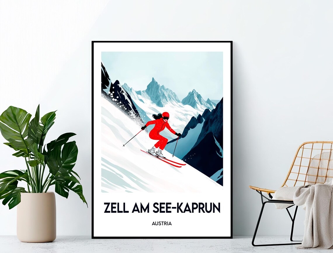 Zell am See Kaprun Austria Vintage Ski Resort Travel Poster Red Skier Action