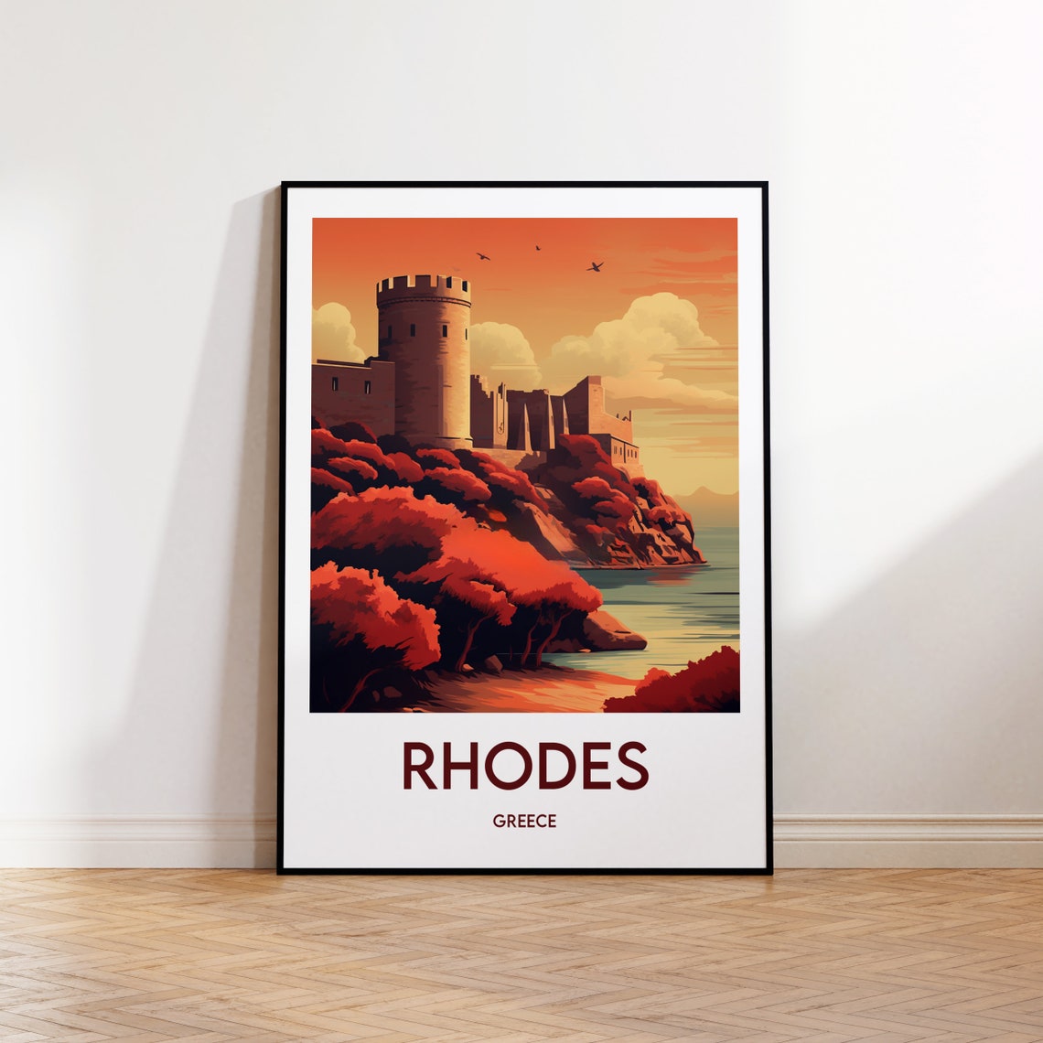 Rhodes Greece Medieval Castle Tower Sunset Retro Travel Poster Art