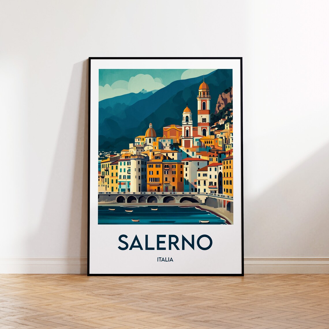 Salerno Italia Coastal Town Bell Towers Vintage Travel Poster