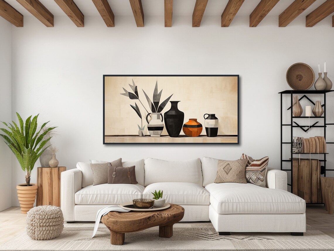 Minimal Desert Pottery Still Life Painting Beige Black Vases Wall Poster - Image 3