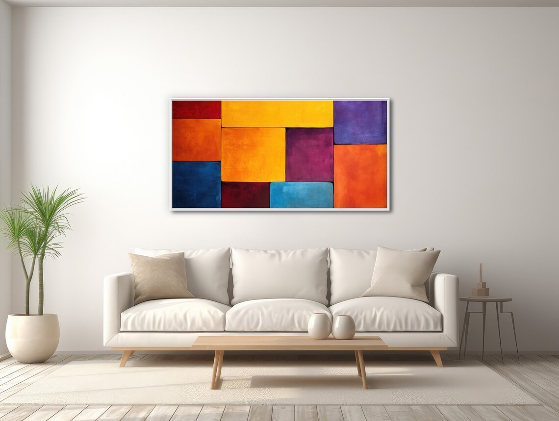 Large Geometric Wall Art Framed Print Modern Abstract Painting Large Artwork Orange Purple Coming Together - Image 3