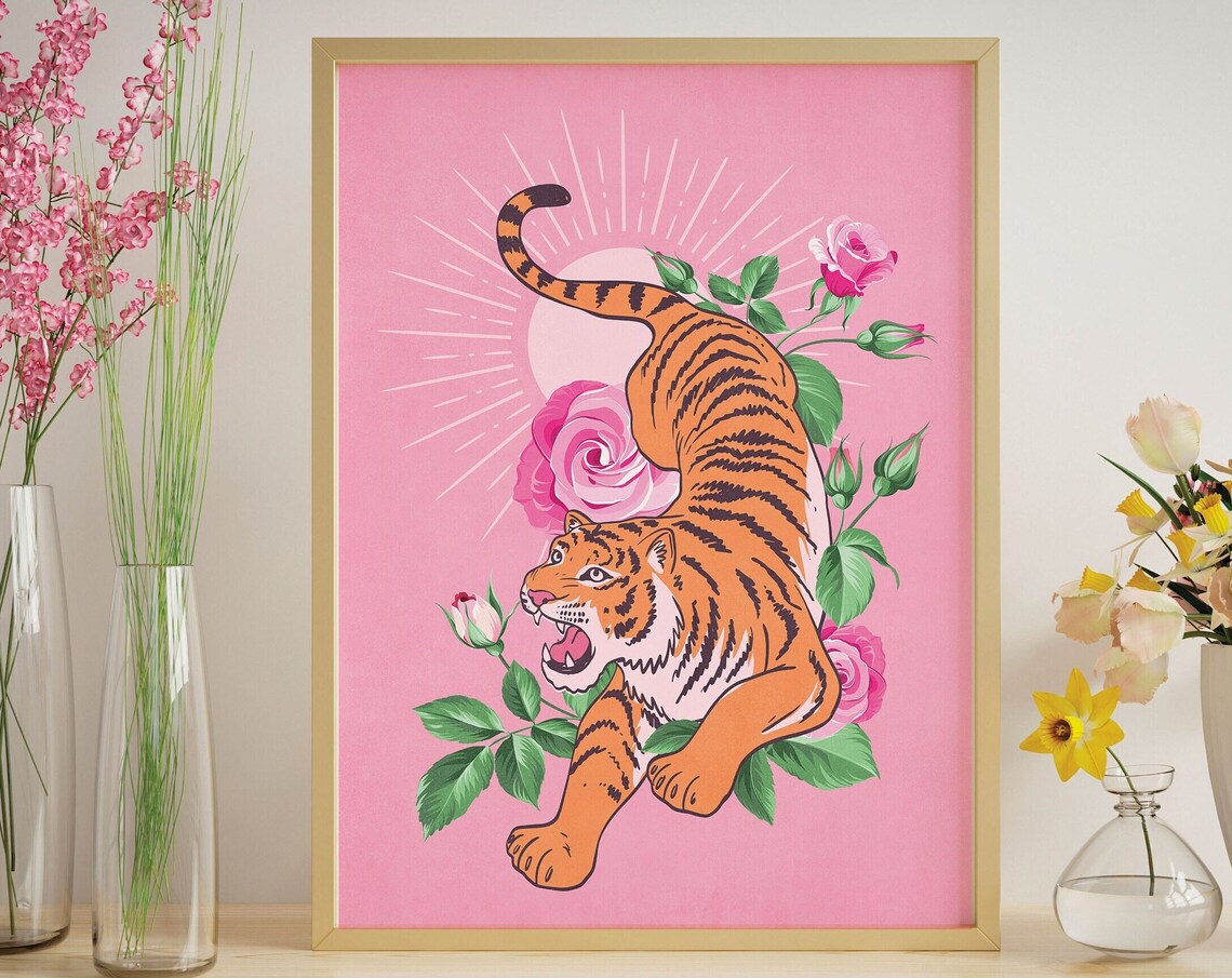 Pink Background Tiger in Roses Bold Floral Preppy Animal Wall Art